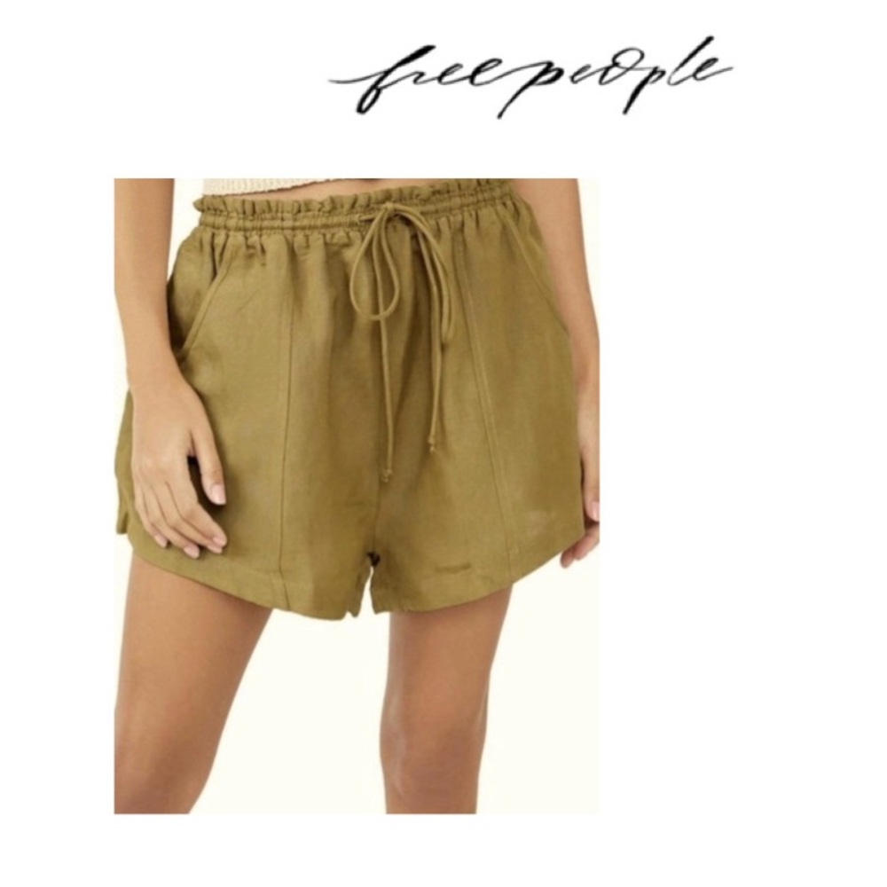 🆕 FREE PEOPLE Linen Olive Drawstring Waist Shorts